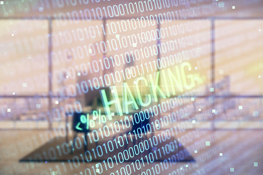 Cyber piracy hologram with minimalistic cabinet interior background. Double exposure. Hacking concept.