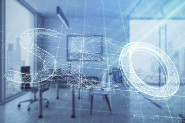 Seo sign hologram with minimalistic cabinet interior background. Double exposure. Search engine concept.