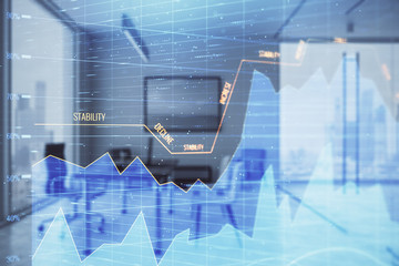 Business theme graph hologram with minimalistic cabinet interior background. Double exposure. Stock...