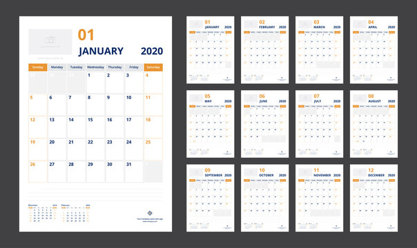 2020 calendar planner set for template corporate design week start on Sunday.