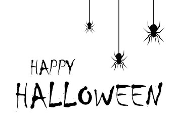 feliz halloween con letras negras, fondo blanco con arañas banajo de sus telarañas 