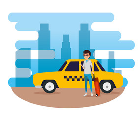man tourist with suitcase and taxi car