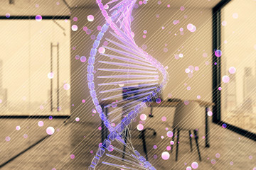 DNA hologram with minimalistic cabinet interior background. Double exposure. Education concept.