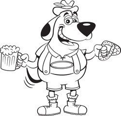 Black and white illustration of a dog holding a beer mug and a pretzel.