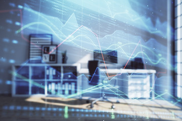 Forex chart hologram with minimalistic cabinet interior background. Double exposure. Stock market concept.