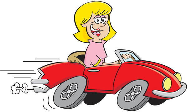 Cartoon illustration of a women driving a sports car.