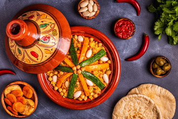 Vegetable tagine with almond and chickpea couscous