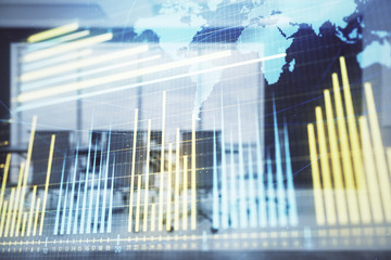 Double exposure of stock market graph with globe hologram on conference room background. Concept of international finance