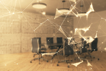 Double exposure of technlogy theme abstract hologram on conference room background. Concept of hightech