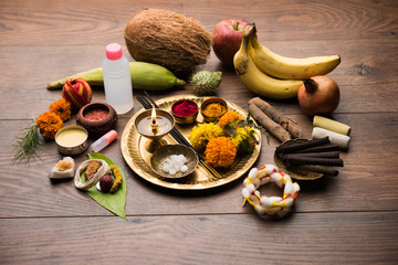 Pooja Material / Puja Sahitya in Hindu Religion from India, arranged in a group. selective focus