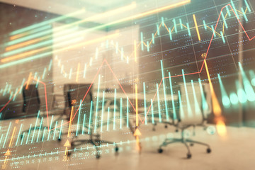 Multi exposure of stock market graph on conference room background. Concept of financial analysis