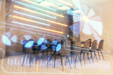 Business theme hologram on conference room interior background. Double exposure. Concept of brainstorming in business.