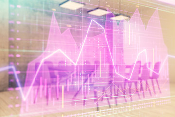 Multi exposure of stock market graph on conference room background. Concept of financial analysis