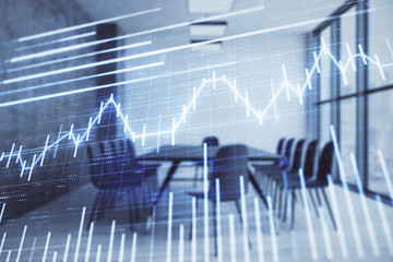 Multi exposure of stock market graph on conference room background. Concept of financial analysis