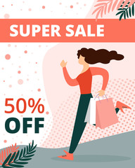 Super Sale Vertical Banner. Woman in Casual Dress