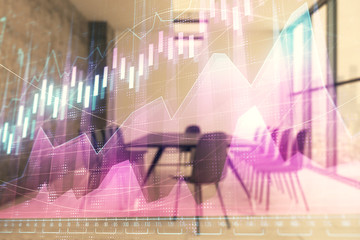 Multi exposure of stock market graph on conference room background. Concept of financial analysis