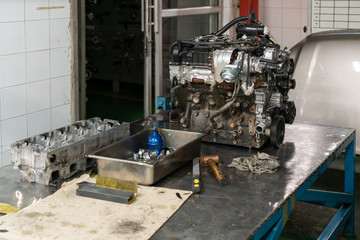 turbo diesel car engine on service in garage