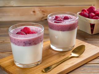 Two cups of panna cotta with a box of raspberry and teaspoon on wooden background. Selective focus