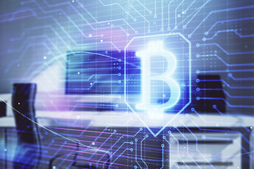 Blockchain theme hologram with desktop office background. Double exposure. Crypto business concept.