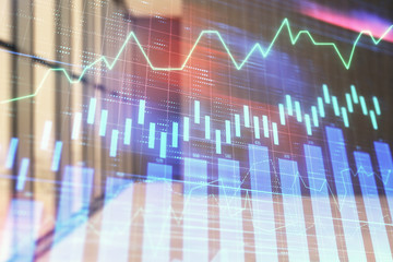 Double exposure of financial graph on empty room interior background. Forex market concept.