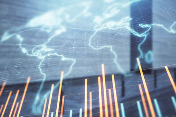 Double exposure of stock market graph and globe hologram on empty exterior background. Concept of analysis