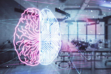 Human brain drawing with office interior on background. Double exposure. Concept of innovation.