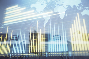 Stock and bond market graph and world map with trading desk bank office interior on background. Multi exposure. Concept of international finance