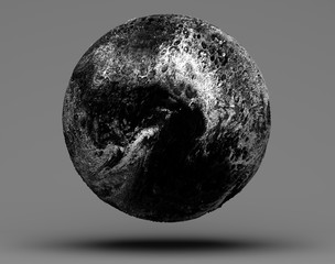 A 3d render of a steel metallic sphere in a dark horror halloween themed 3d art, black and silver sphere on a gray background.