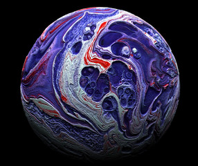 An acrylic-like 3d render of a dark purple, lavender and white city planet, with red worm looking lines on a black background