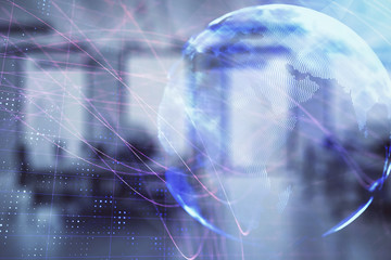 World map with trading desk bank office interior on background. Multi exposure. Concept of international finance