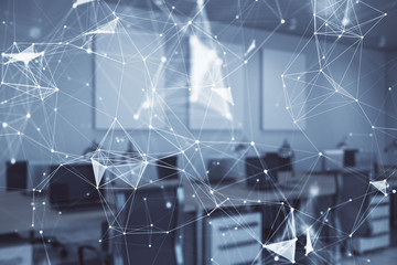 Technology theme drawing with office interior on background. Multi exposure. Concept of innovation