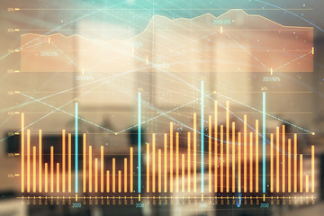 Stock market chart with trading desk bank office interior on background. Double exposure. Concept of financial analysis