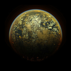 Golden earth 3 render, old dusty planet, light brown, yellow, brown, dark yellow outline of the sphere on black background.