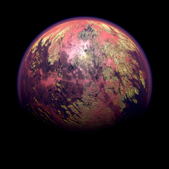 3D render of a shiny old red, yellow, purple, burgundy, light brown and pink planet on a black background