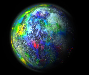 A really bright and colorful 3d render sphere of a planet in space on a black background