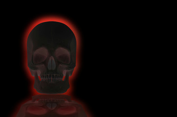 3d rendering. Dark Human Head skull bone with red light on black background. Horror Halloween concept.