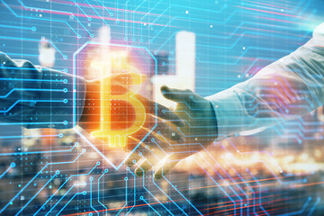Double exposure of crypto economy theme drawing on cityscape background with handshake. Concept of partnership and blockchain
