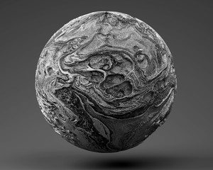 3d render of abstract metal aluminium planet earth with super rough surface on dark grey background