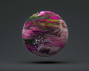 An abstract 3d render of a hot oink, green, black, gray and muddy green sphere on a dark gray background