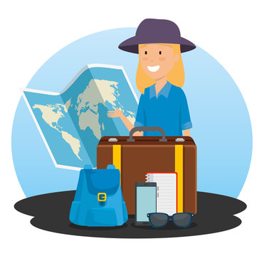 woman tourist with global map and backpack