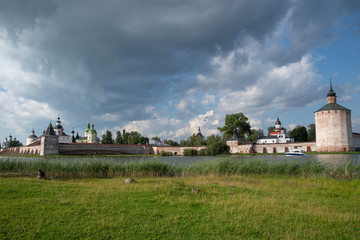 View from lake to Kirillo-Belozersky monastery. Monastery of the Russian Orthodox Church, located within the city of Kirillov, Vologda region. Russia
