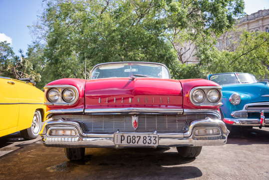 HAVANA, CUBA Front of of a red classic american Oldsmobile car in Havana