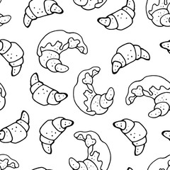 Vector seamless pattern with simple hand drawn croissants. Black and white linear . Food design.