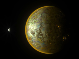 A 3d illustration of a polluted colorful earth green tone planet with a dark yellow line half around the sphere on a black background 