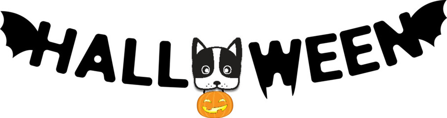 Happy Halloween Banner with Boston Terrier Dog Paper Cut Design Carry Ghost Pumpkin Vector Background. Party Celebration Invitation Card Concept