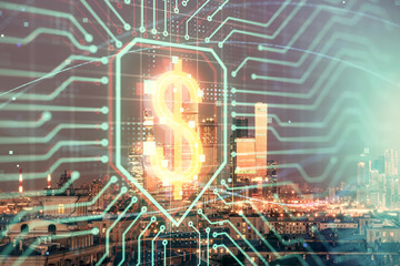 Double exposure of business drawing hologram on cityscape background.