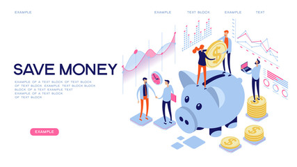Piggy bank, money deposit, savings, safe money concept. Flat isometric vector illustration. Web Banner