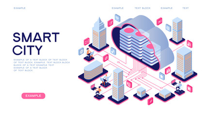 Smart city or intelligent building isometric vector concept. Smart home control concept. Concept home with technology system. 3d isometric vector illustration.
