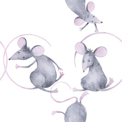 Seamless watercolor pattern with cute little rats. New Year's background. A cartoon characters. Animal symbol of new year 2020.