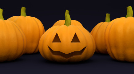 3d rendered Halloween Pumpkin head Jack on dark background. Concept for halloween banners, flyers, cards. 